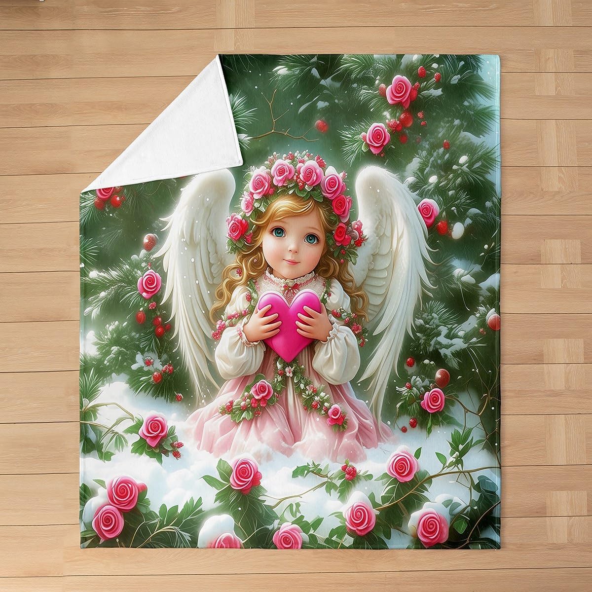 Erosebridal Cute Angel Blanket Throw 50x60, Romance Valentine'S Day Throw Blanket For Kids Girls Boys, Pink Love Flowers Couple Soft Fleece Blanket For Sofa Bed Couch, Floral Leaves Cozy Fuzzy Blanket