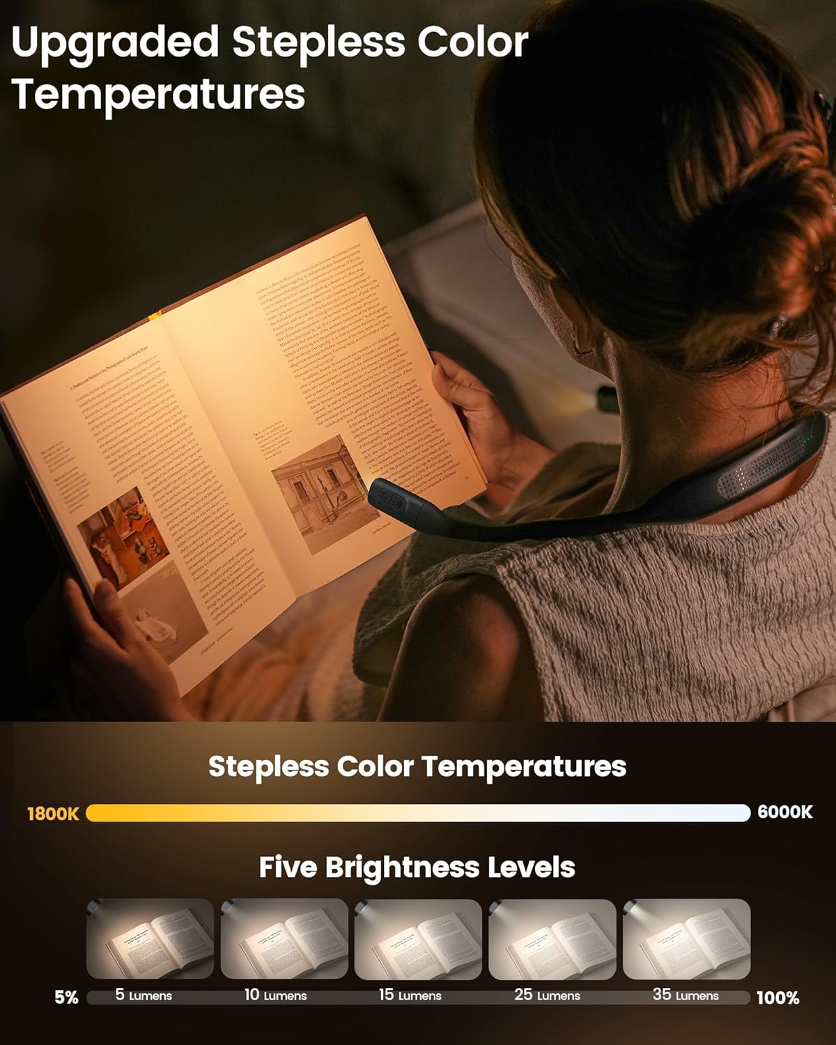 Glocusent Lightweight Neck Light for Reading in Bed, 1200mAh Rechargeable Book Light, Hands-Free Reading Light, 5 Colors, 5 Brightness Adjustable, Private Bedtime Reading for Book Lover