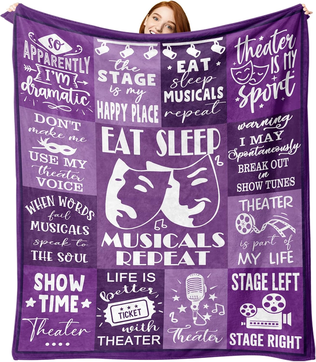 Theater Gifts Flannel Throw Blanket, Musical Present for Broadway Theatre Lover Actor, Birthday Ideas for Women Girl Boy, Eat Sleep Musicals Repeat Purple Blanket 50" x 60"