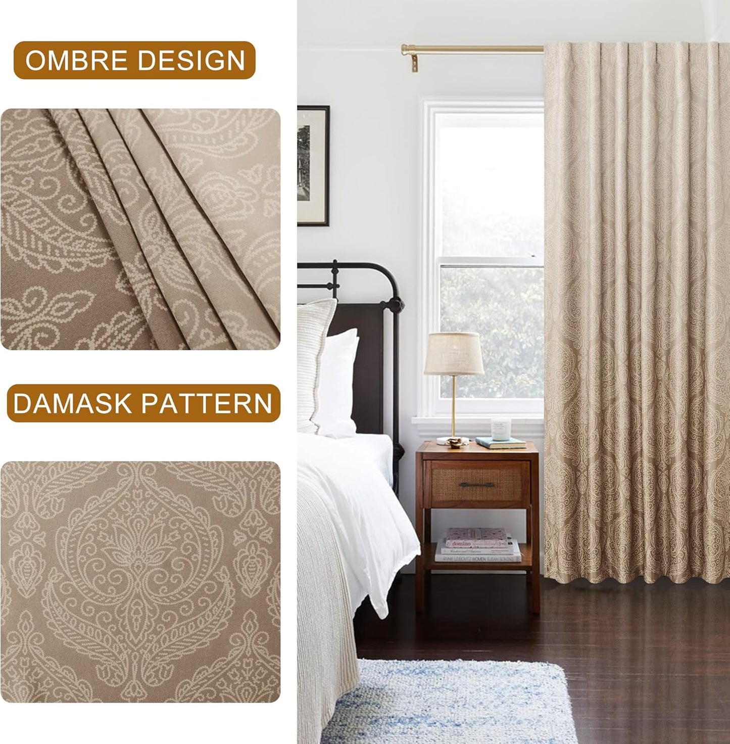 DWCN Damask Patterned Curtains 63 inches Length - Back Tab/Rod Pocket Room Darkening Window Drapes with Tiebacks Thermal Insulted Ombre Blackout Curtains for Bedroom, 2 Panels, W52 x L 63, Taupe