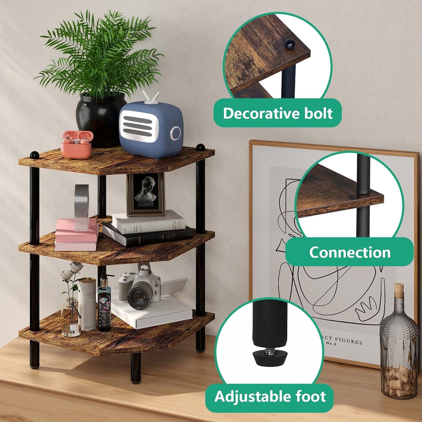 Desktop Corner Stand Shelf for Storage, 3 Tier Corner Shelf Organizer, Rustic Brown Rack for Small Spaces, Bedroom, Home Office, Kitchen, Bathroom