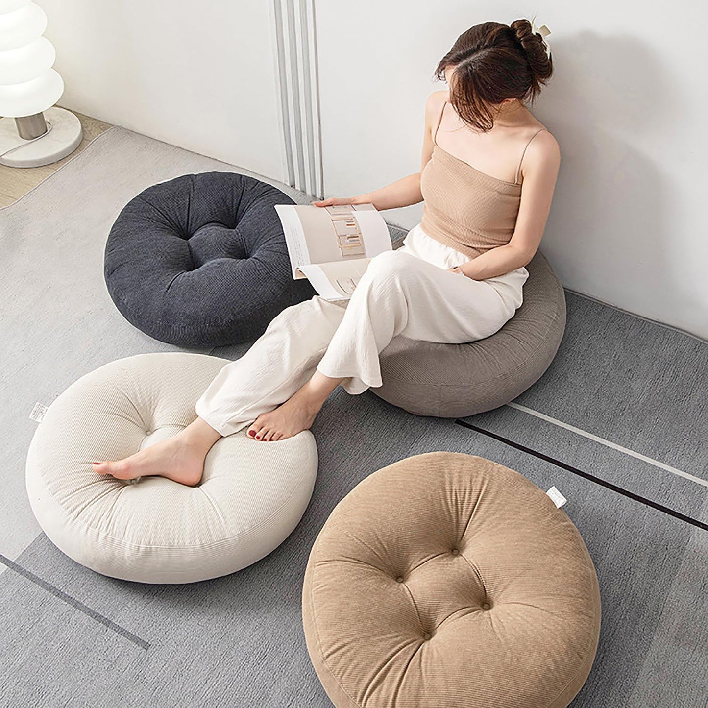 Be&xn Round Corduroy Fluffy Chair Pad Floor Pillow for Adults,Thicken Warm Seat Cushion Floor mat for Home Office Dining Kitchen (Dark Gray, De:18inch)