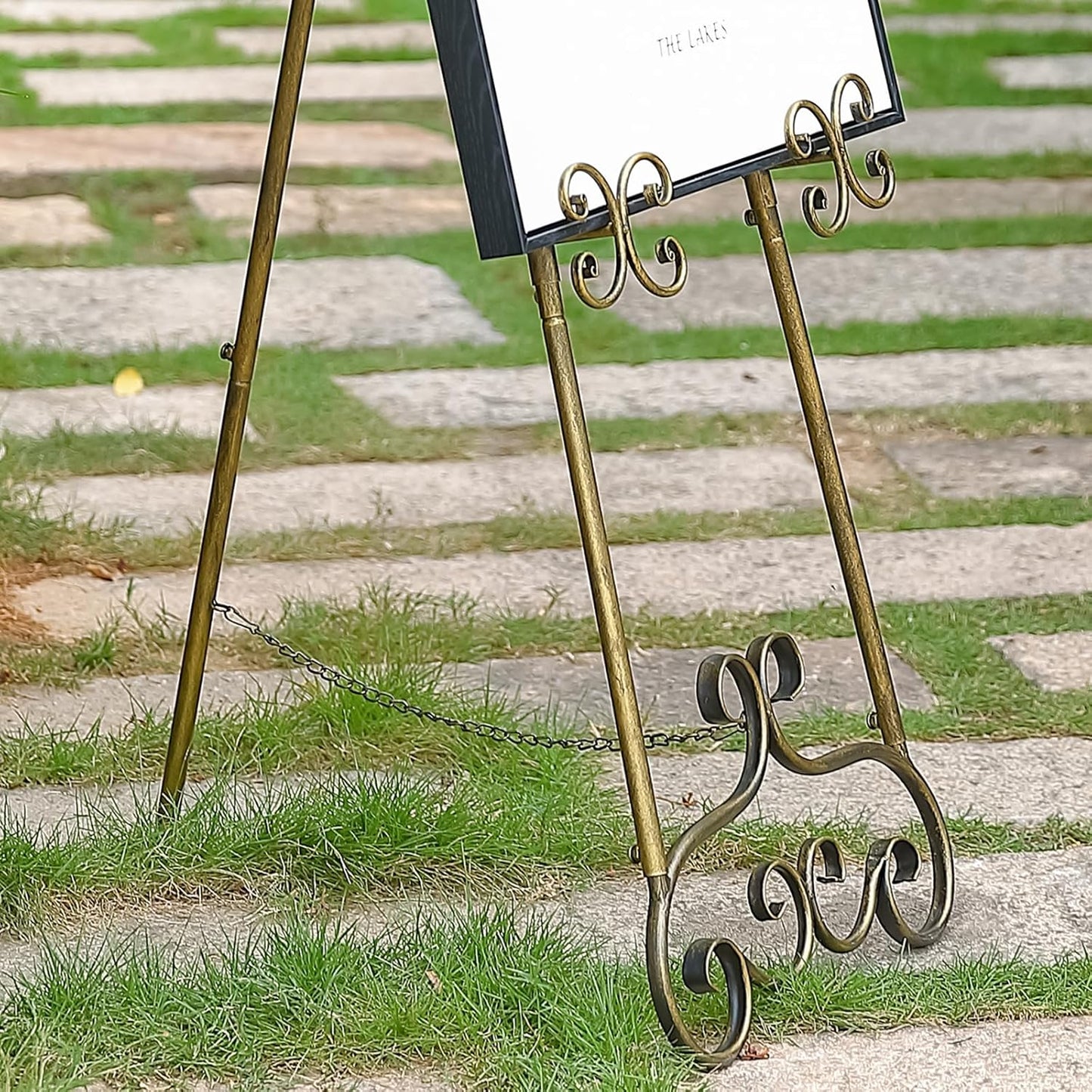 56" H Metal Scroll Extra Large Free Standing Adjustable Display Easel, Vintage Decorative Floor Display Stand Easel with Chain Support for Picture Frame Wedding Sign