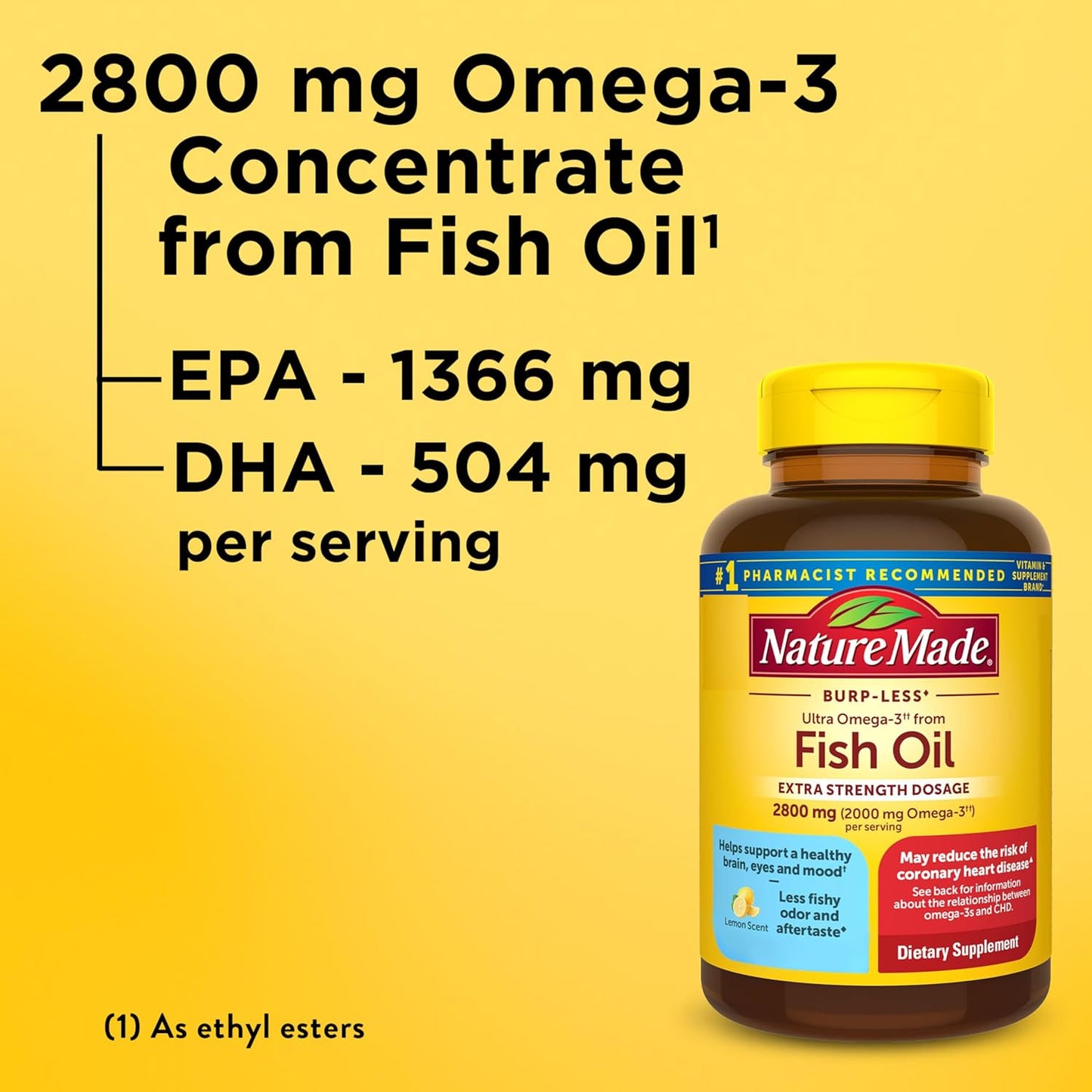Nature Made Extra Strength Omega 3 Fish Oil Supplements, 2800mg, Fish Oil Omega 3 Supplements as Ethyl Esters for Healthy Heart, Brain, Eyes, Mood Support, 60 Softgels, 30 Day Supply