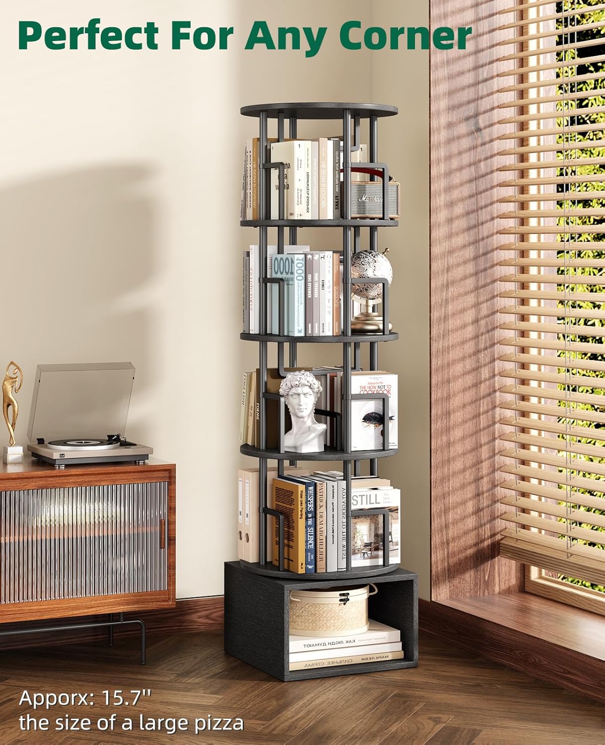 5 Tier Rotating Bookshelf with Extra Storage Cabinet, 360°Spinning Corner Bookshelf, Floor Standing Bookcase for Kids & Adult, Narrow Book Shelf for Bedroom Living Room, Pure Black