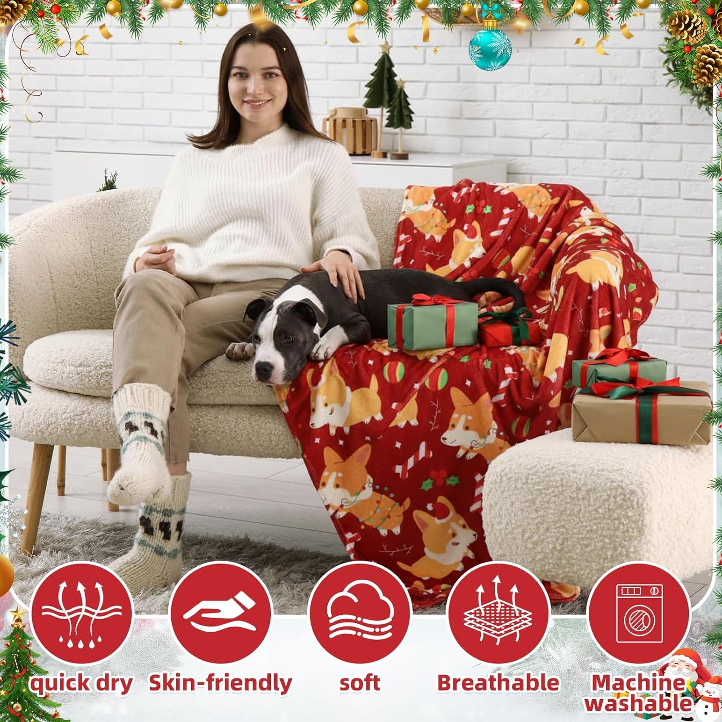 4 Pack Christmas Throws Blanket Bulk Christmas Flannel Blanket for Dog Xmas Lightweight Throw Warm Fluffy Plush Quilt Xmas Fleece Fuzzy Soft Throw for Couch Sofa Chairs, 51”x 59”(Dog)