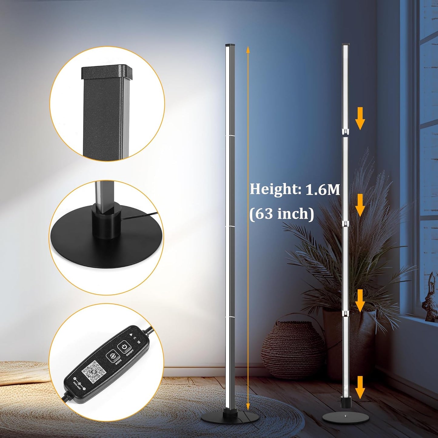 PMS 63" Floor Lamp, 24W Stepless Dimmable Brightness Corner Lamp,Warm to White Color Changing Metal Standing Lamp with APP & Remote Control for Living Room, Bedroom Decorated