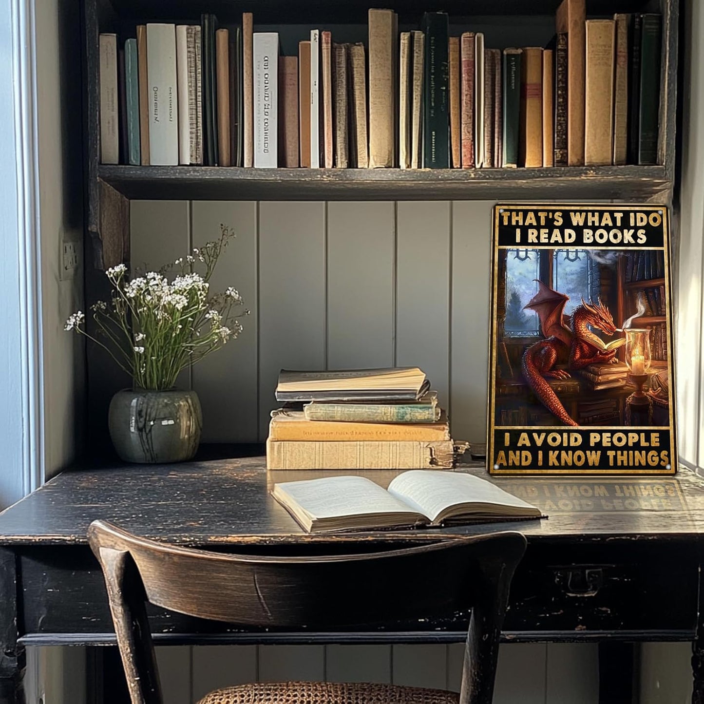 PEACHGARDEN Dragon Decor Bookish Metal Sign That's What I Do I Read Books Dragon Poster Vintage Wall Art Decor for Bookshelf Library Reading Corner Office Bar Living Room 8x12inch