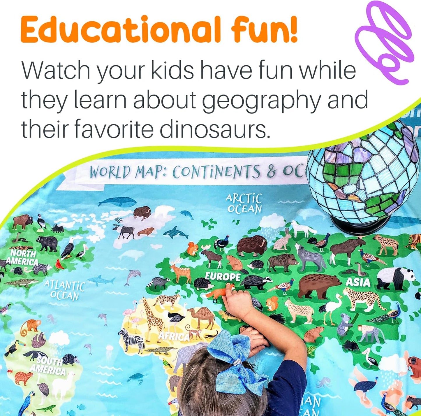 Birdy Boutique – Learning Blanket® – Double-Sided Dinosaur MapBlanket for Kids – Throw 50" x 60" – Soft Minky Plush Educational Blanket for Kids – Prehistoric Species & World Map