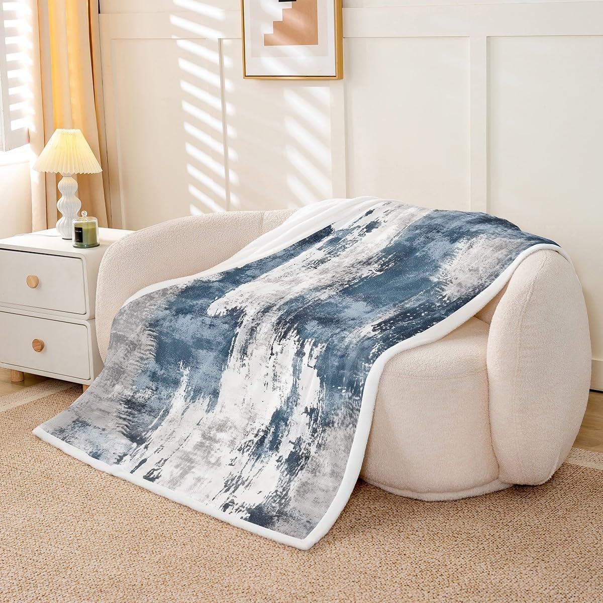 Erosebridal Modern Abstract Fuzzy Throw Blanket Vintage Ombre Art Blankets & Throws 90"x90",Minimalism Blue Grey Grunge Oil Painting Sherpa Fleece Blanket,Watercolor Artwork Rustic Graffiti Decor