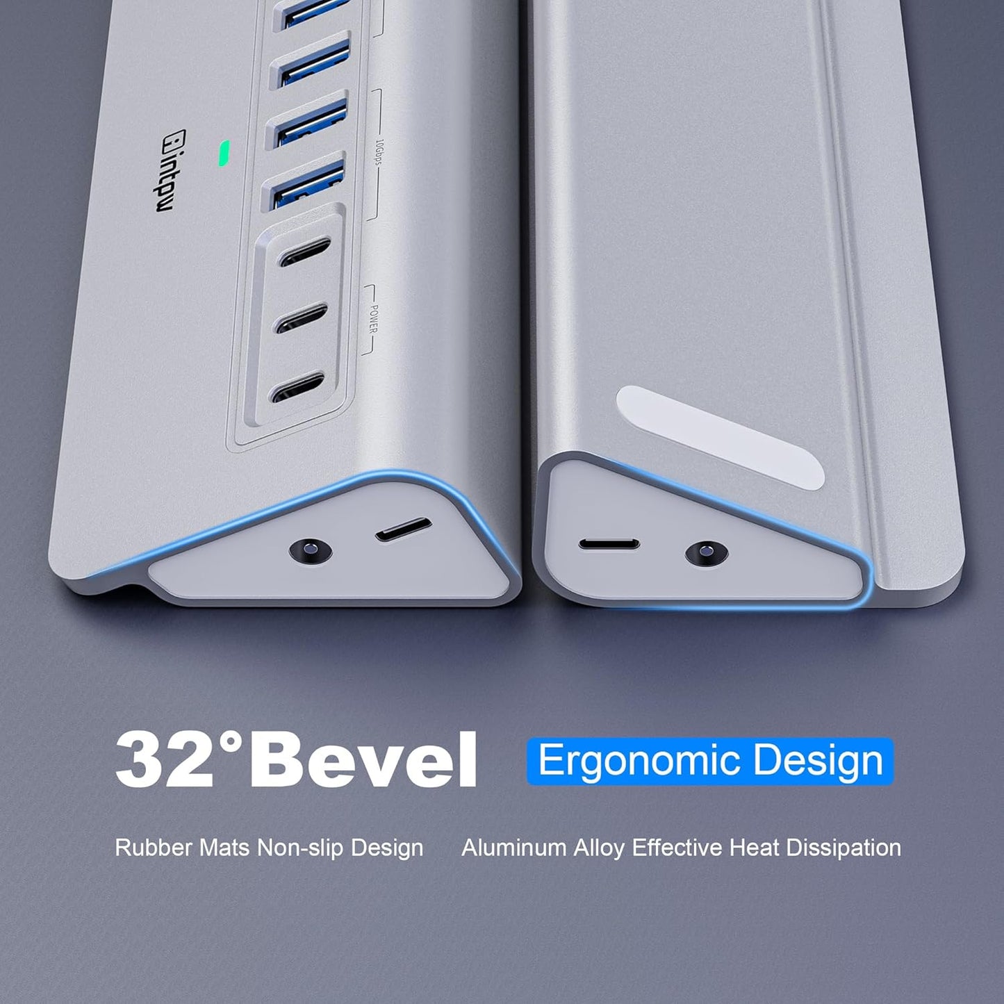 Powered USB Hub 10Gbps, intpw 9-Port USB 3.2 Hub, USB C Hub with USB A/USB C 3.2, 4 USB 3.0, 2 PD 45W Charging Ports, 65W Power Adapter and 3.3FT Cable, Aluminum USB Hub for Laptop, iPhone 17/16/15，PC