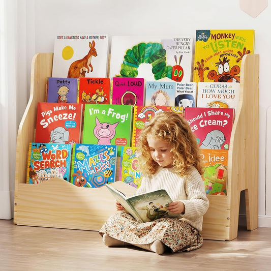 4-Tier Kids Bookshelf, Wooden Scalloped Toddler Bookshelf, Montessori Book Shelf for Kids Rooms, Front Facing Nursery Bookcase for Bedroom,Classroom,23.6" Kids Storage Organizer for Books Display