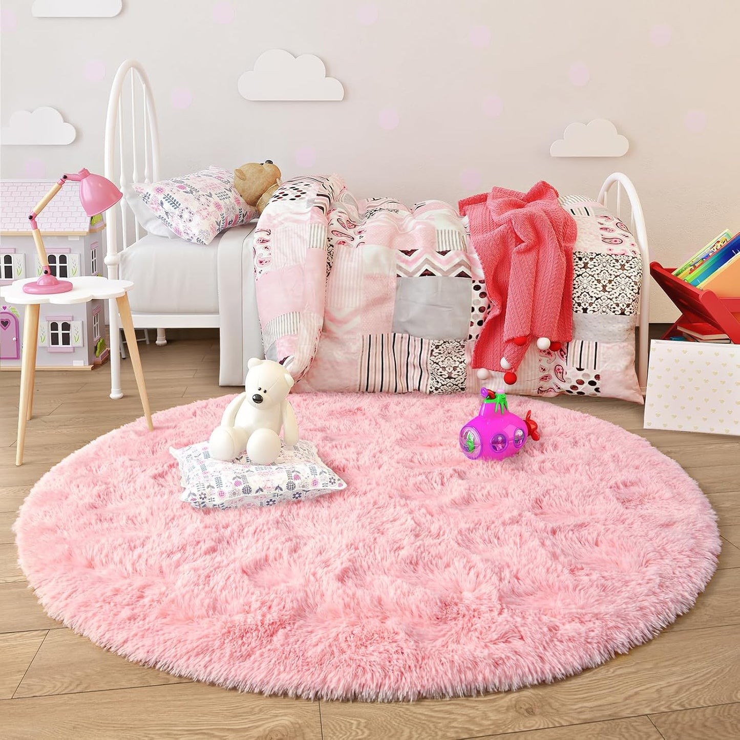junovo Round Rug 5x5 Feet Fluffy Soft Area Rugs for Kids Girls Room Princess Castle Plush Shaggy Carpet Cute Circle Nursery Rug for Kids Girls Bedroom Baby Room Home Decor Circular Carpet,Pink