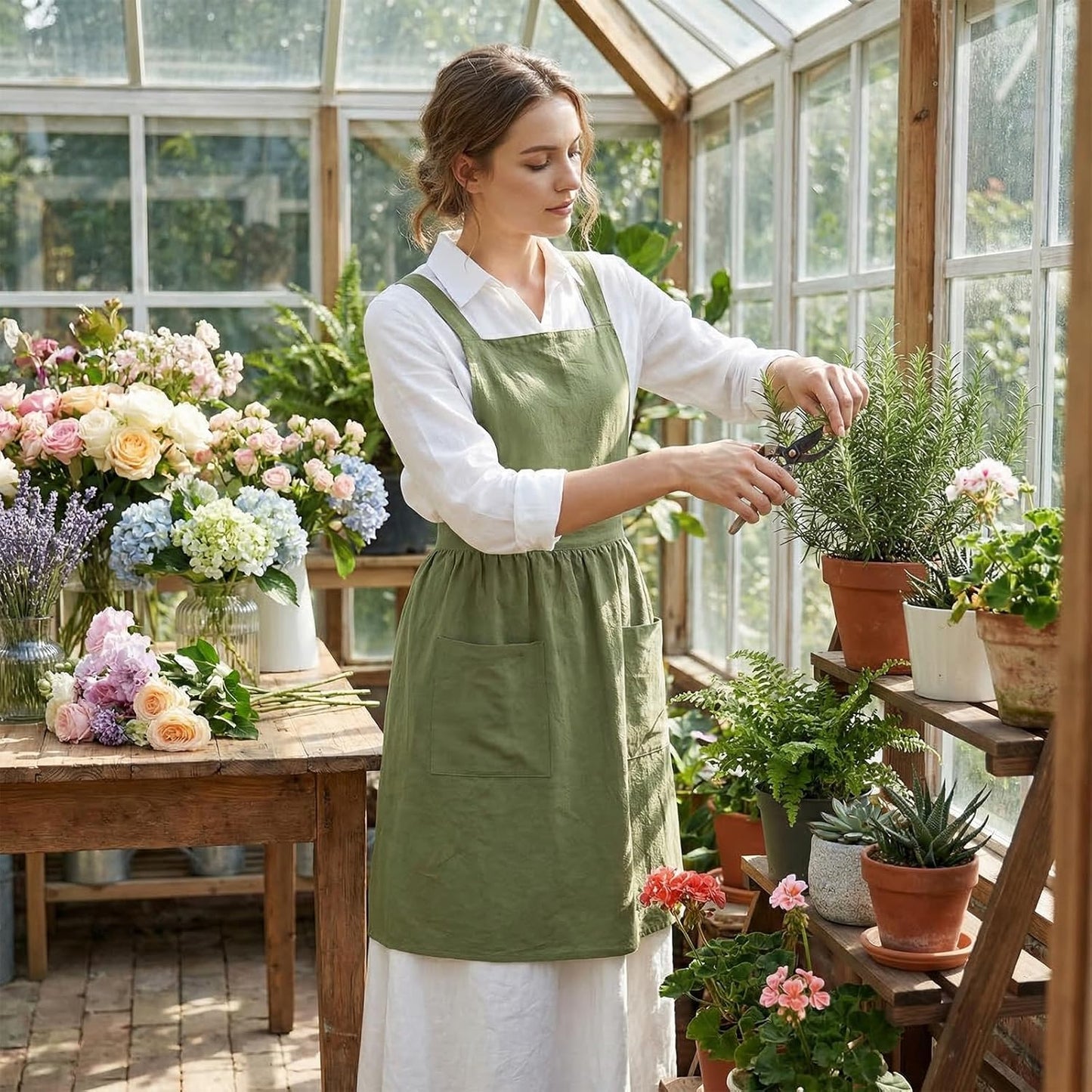 Yolyoo Cotton Linen Pinafore Apron for Women with Pockets Pinafore Dress for Chef Gardening
