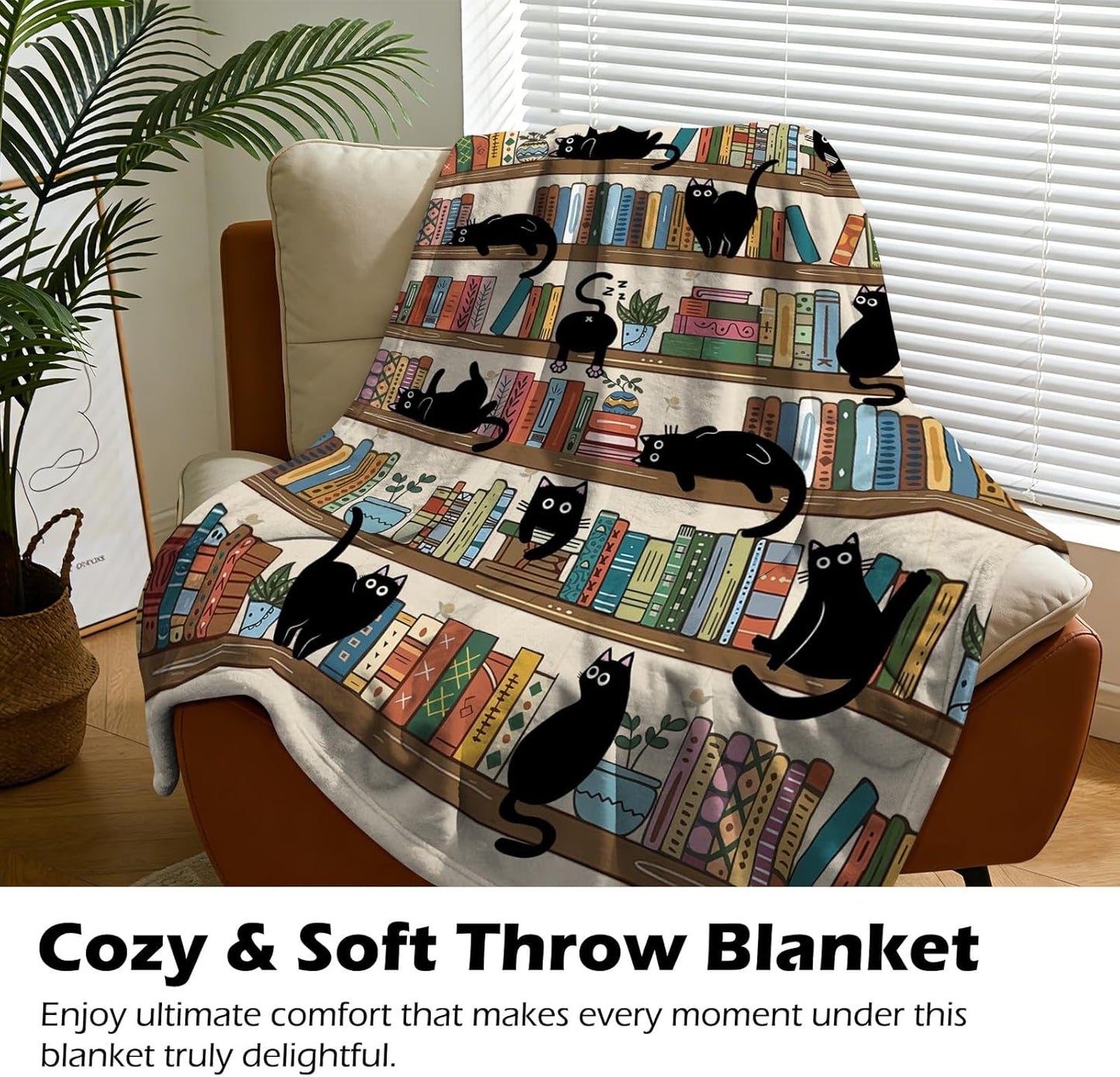 tgruihm Book Lovers Gifts for Readers Blanket, Librarian Gifts Bookshelf Black Cat Stuff Throw Blanket 60"x50", Birthday for Reading Lover Bookish Literary Gifts Blankets Home Decor