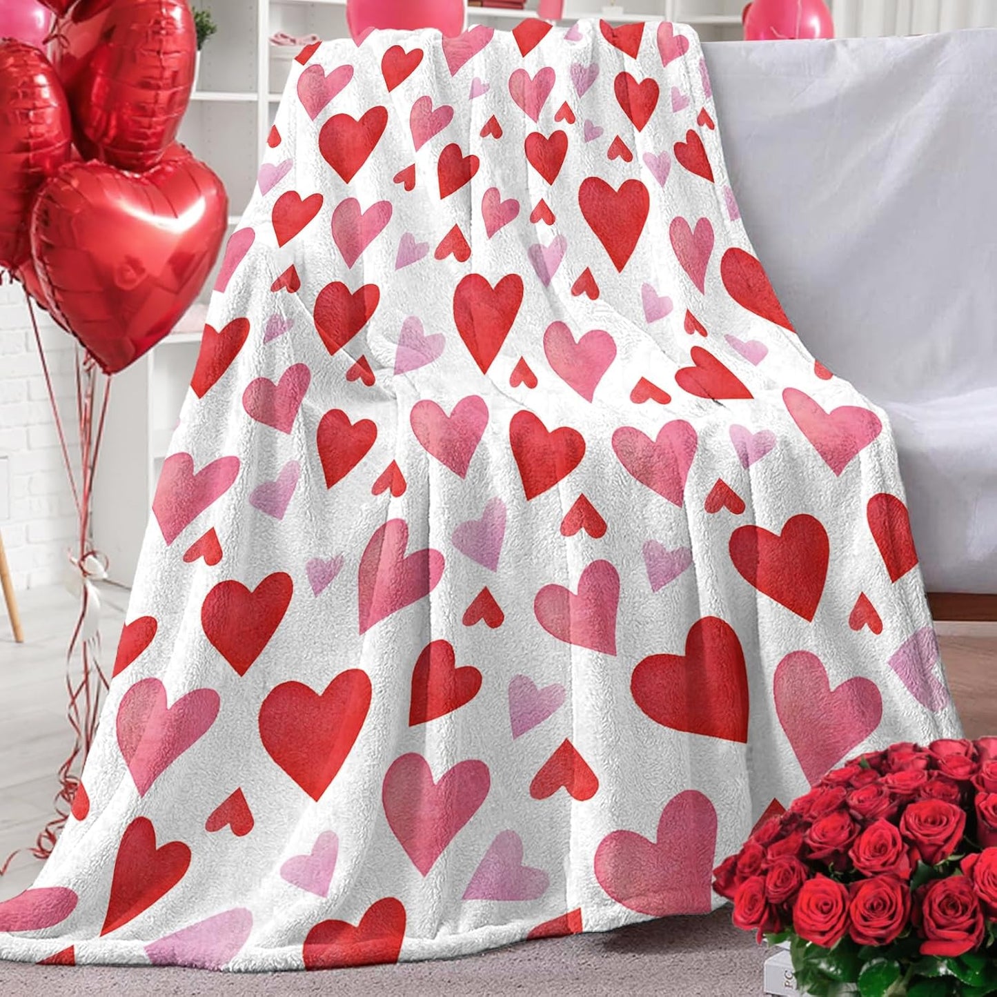 Valentines Day Flannel Throw Blanket, Pink Red Love Heart Anniversary Wedding Birthday Gifts for Women Girlfriend Wife Lover, Romantic Soft Blanket for Bedding Sofa 50" x 60"