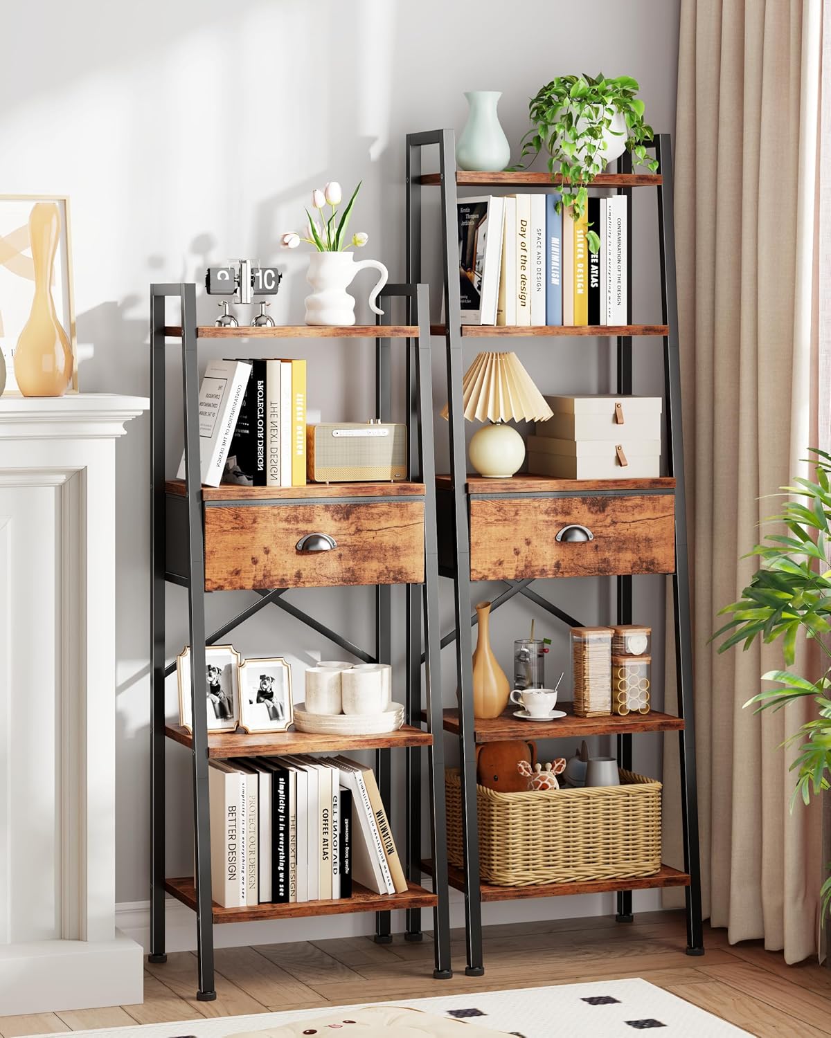 Furologee 4 Tier Ladder Shelf, Narrow Ladder Bookshelf with Drawer, Modern Freestanding Bookcase, Storage Shelves Organizer for Bathroom,Kitchen,Bedroom,Living Room,Rustic Brown
