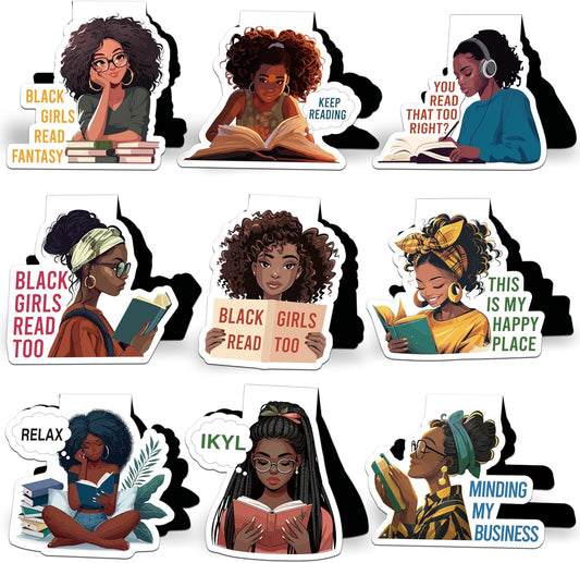 Laffact Reading Bookmarks for Black Girls Women - 9Pcs Black Girls Read Too Magnetic Book Tracker Bulk, Double-Sided Keep Reading Magnets Page Clips for Book Lovers Teachers Bookish Birthday Gift