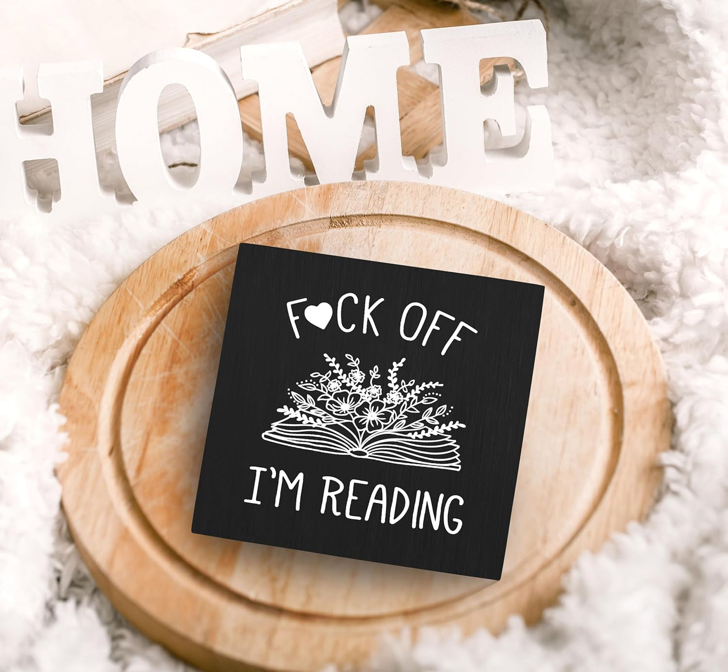 SRADMO I'm Reading Minimalist Floral Book Wood Box Sign Desk Decor, Black Inspirational Reading Wooden Block Box Sign Decoration for Home Reading Room Library Shelf Table Decorative Accessories