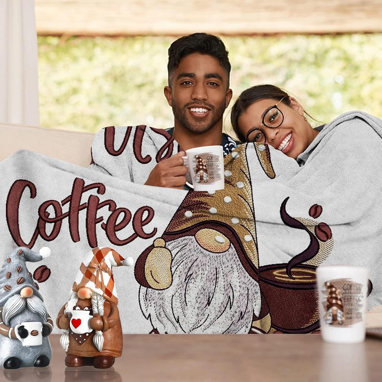 Coffee Gnome Blanket for Women, Gnomes Gifts for Women, But First Coffee Theme Blanket Gifts for Gnome Lover, Soft Lightweight Flannel Throw Blanket for Couch, 50x60 Inch