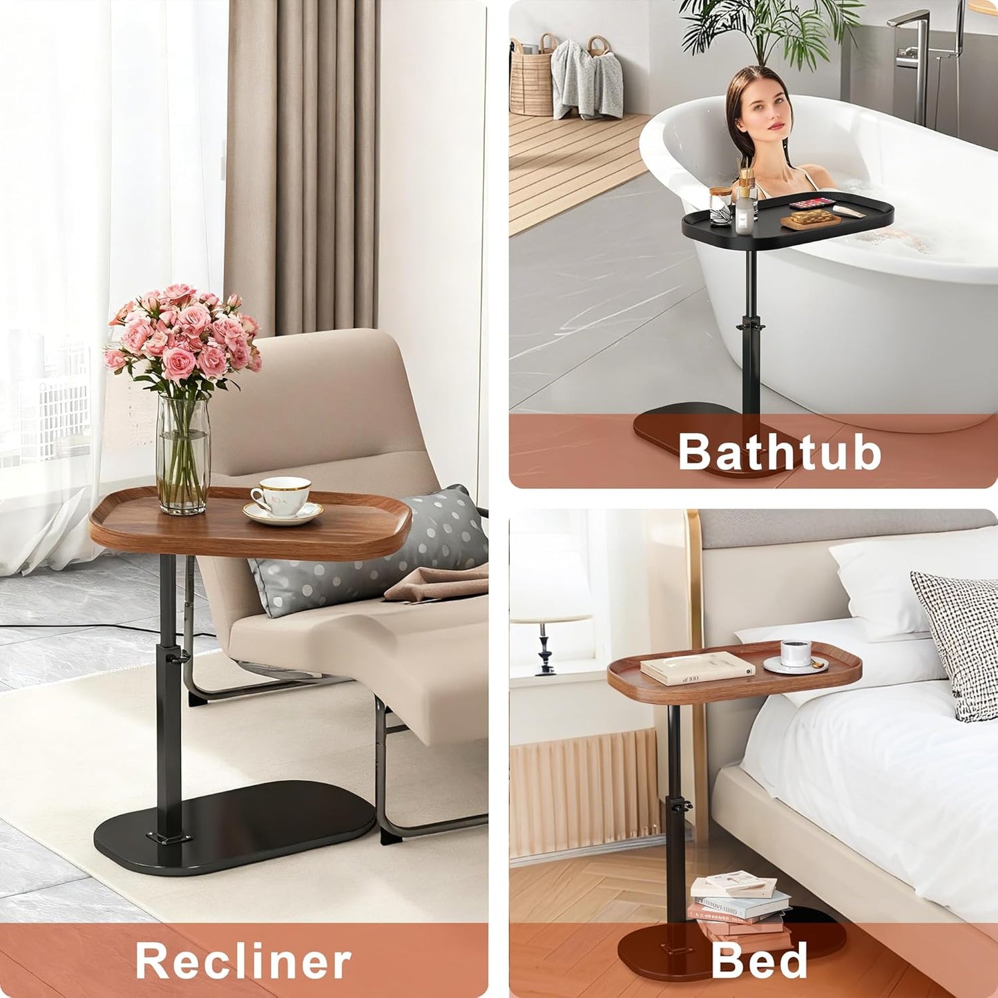 C-Shaped Side Table — Height-Adjustable, 360° Rotating, Slide-Under, for Sofa / Bed / Bathtub