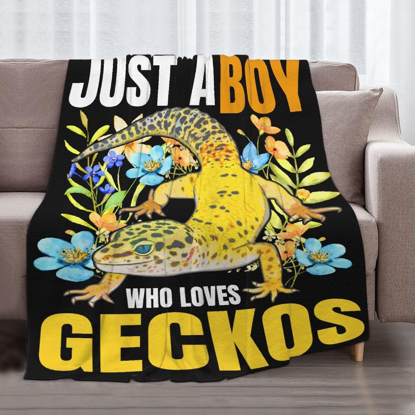 Geckos Blanket,Funny Reptile Animal Blanket,Just A Boy Who Loves Geckos Throw Blanket,Super Soft Leopard Gecko Flannel Blanket for Sofa Couch Bedroom,40"x50"-Kids/Throw Size
