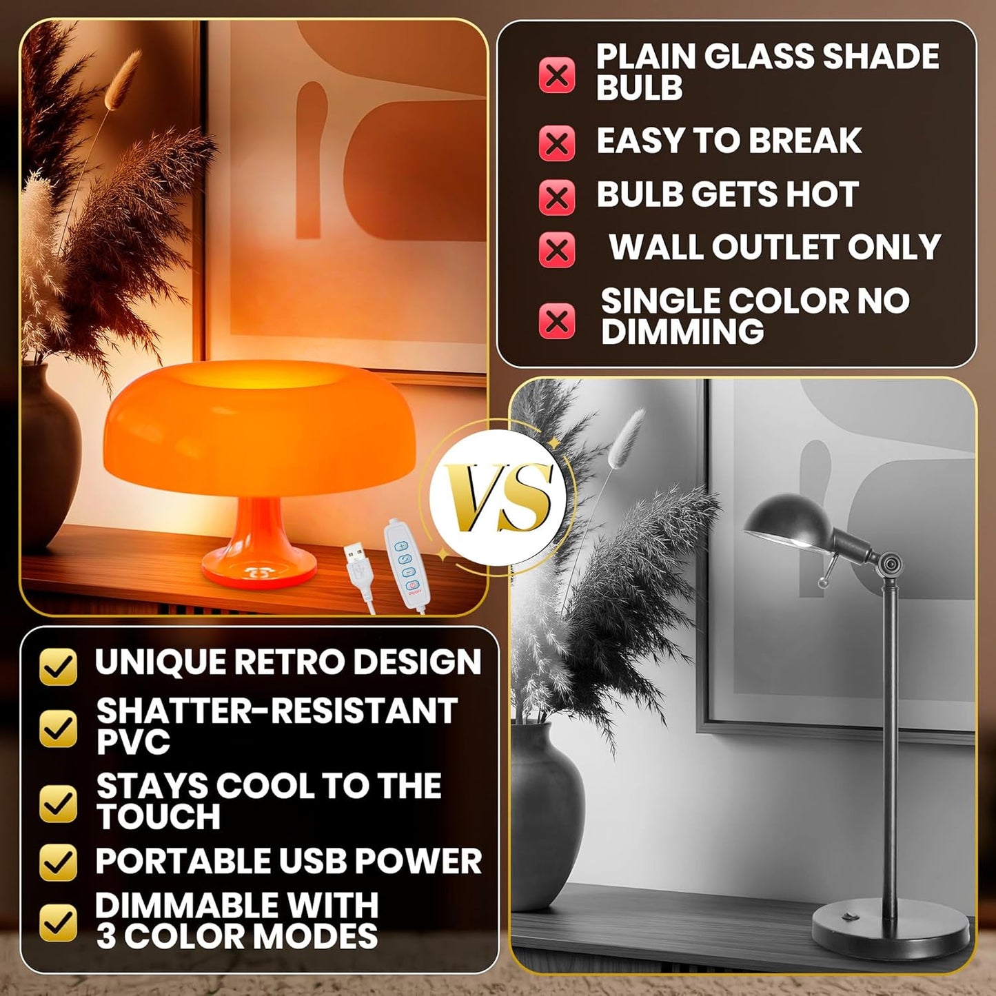 Orange Mushroom Lamp for Bedroom – Dimmable Vintage Mushroom Lamps Power 5W with 3 Lighting Colors & 10 Brightness – USB Powered Nightstand Retro Lamp for Reading Room, Office, Dorm | ABS + PVC Build