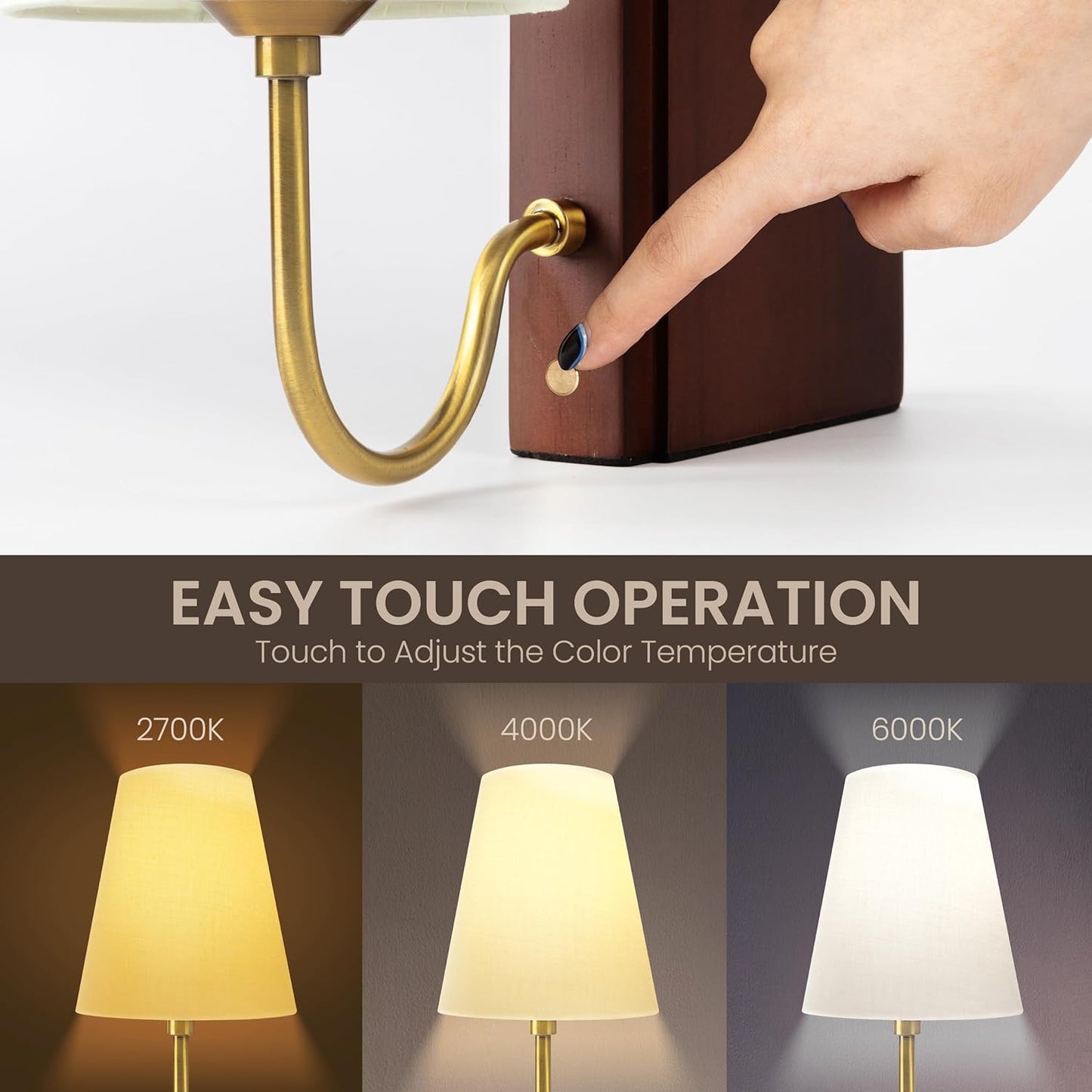 AELS Wooden Bookshelf Lamp with Bulb, Table Lamp with Linen Shade, 3-Color Dimmable Touch Control, Modern Decorative Bookend, Book Sconce for Office Home Bedroom Bookshelf, Dark Brown