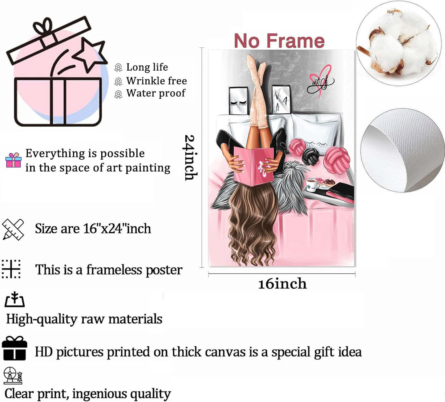 3Pcs Pink Trendy Girls Canvas Wall Art Pictures Fashion Girl Reading Book Posters Print Stylish Delicate Bathroom Bedroom Makeup Room Beauty Room Wall Decor 16x24in Unframed