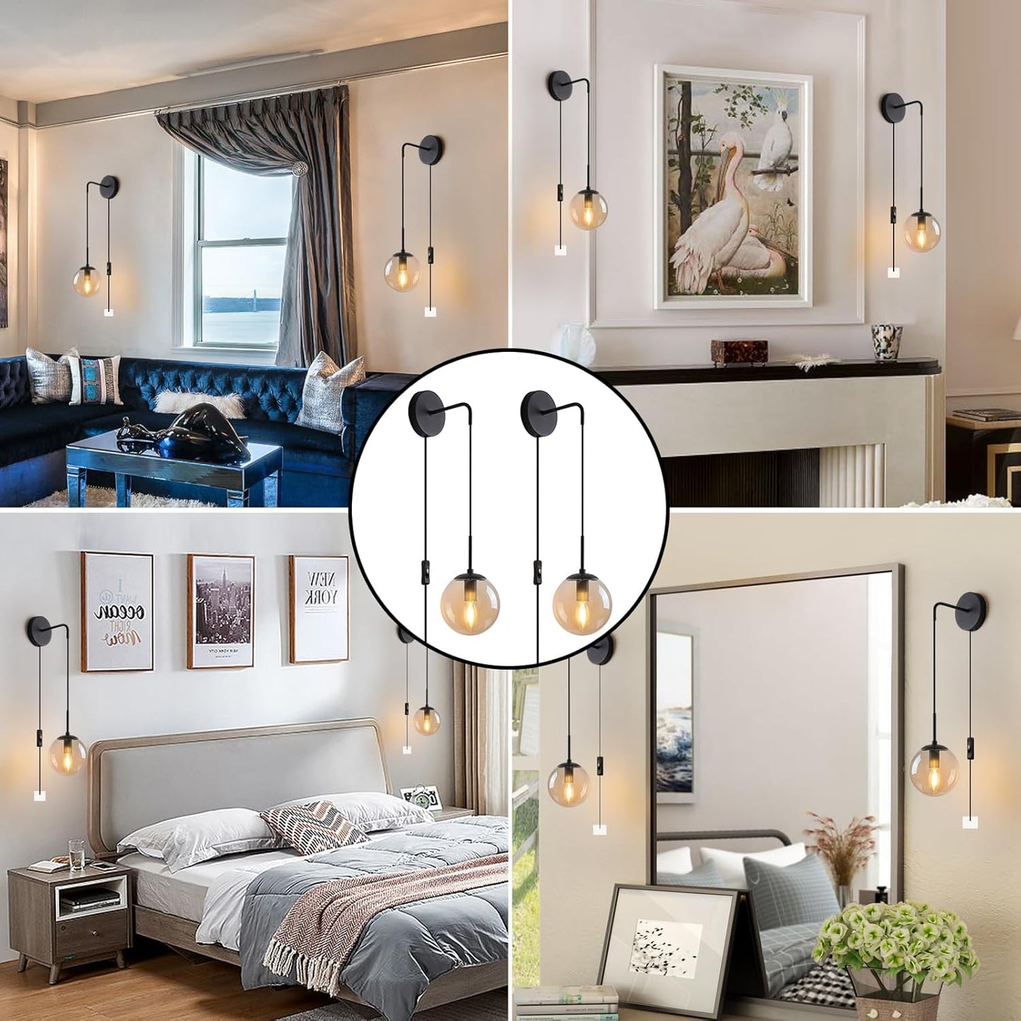 Wall Sconces Set of Two Matte Black 🔥🔥🔥 Wall Lights for Bedroom Plug in Wall Sconces Set of 2 with Globe Amber Glass Shade Indoor Wall Lamp with Plug in Cord Sconces Wall Decor Set of 2 with Switch