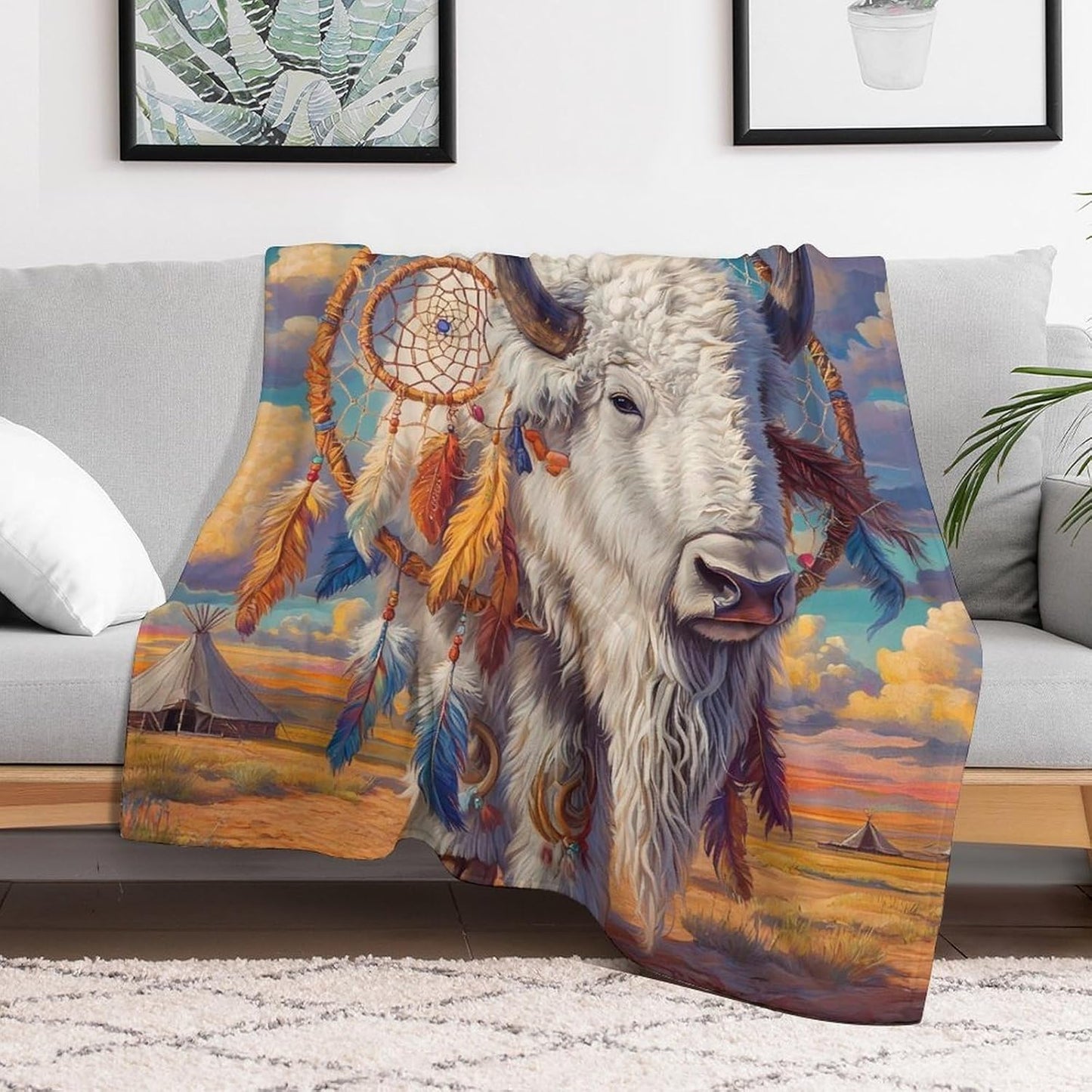 White Bison Dreamcatchers Fleece Bed Blankets Soft Throw Blanket Lightweight Plush Home Decor Gifts 60"*80"（150 * 200cm）