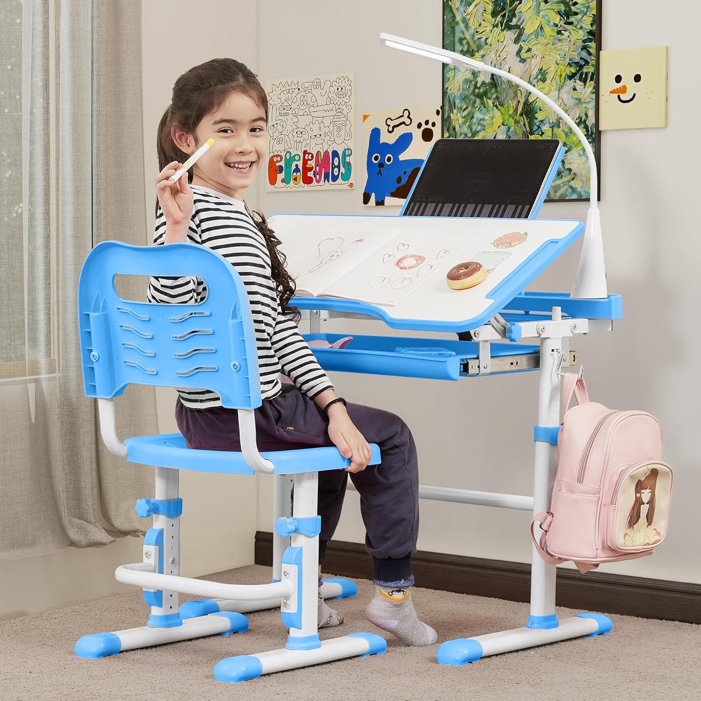 Kids Desk and Chair Set, Height Adjustable Child's School Study Writing Tables with Tilt Desktop, LED Light, Storage Drawer, Book Stand (Blue)