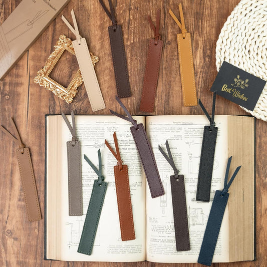 12 Pcs Leather Bookmark with Tassel, Classic Style Bookmark, 0.05 Inches Thin Handmade Stitched Bookmarks for Men, Book Marks for Reading, Gifts for Book Lovers, Readers
