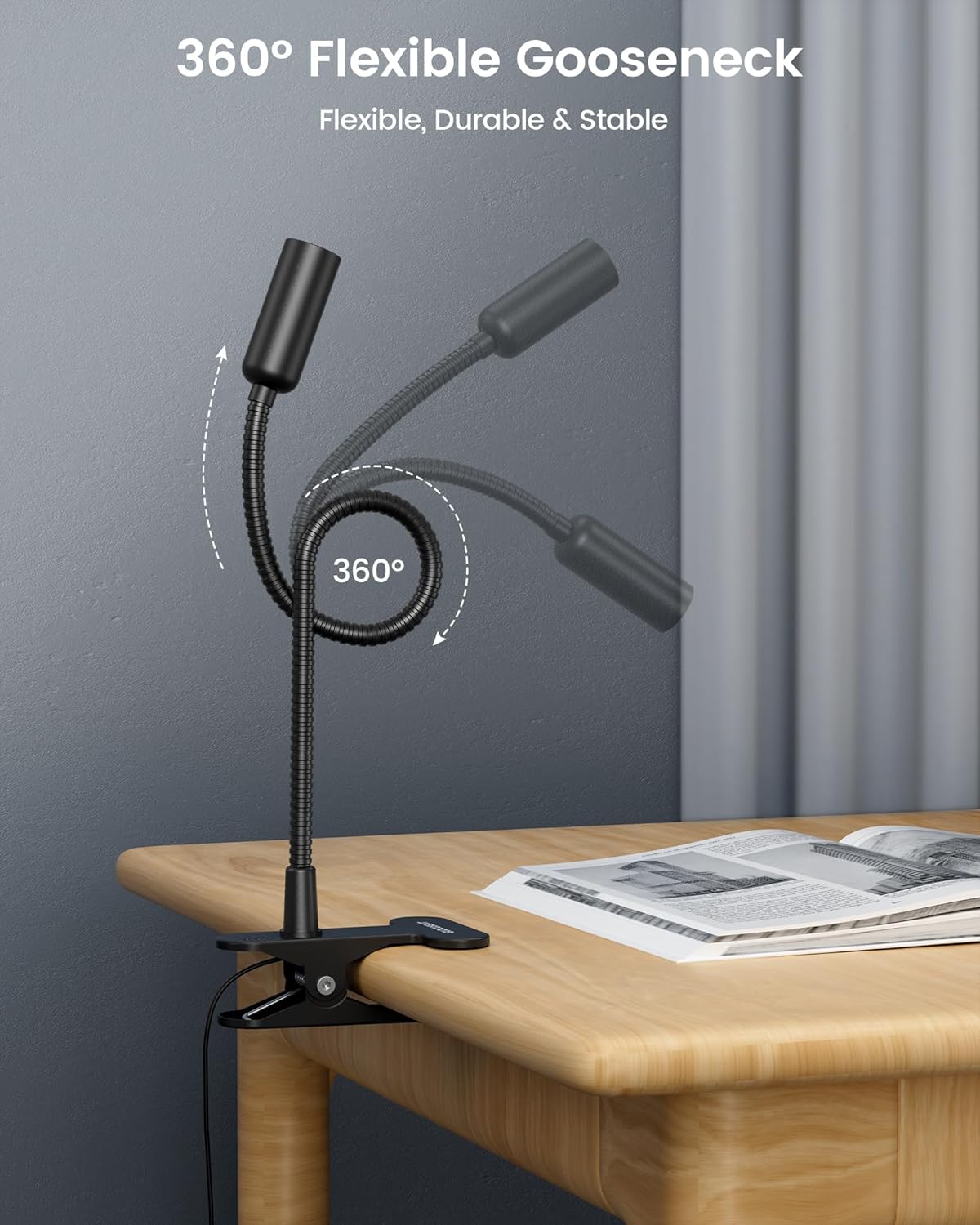 Glocusent Clip on Light: 10 Brightness Levels from 20 to 180LM LED Reading Light with Clamp and Flexible Gooseneck - Eye Caring Book Lights for Reading at Night, Clip on Desk Bed Headboard
