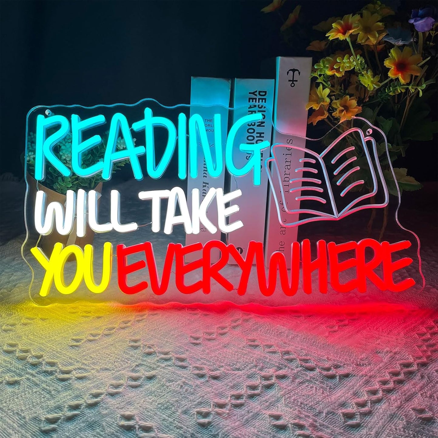 Read Neon Sign Reading Will Take You Everywhere Neon Signs, Read Books Neon Light for Wall Decor, Dimmable Student LED Neon Light Up Sign for Classroom Bedroom Bookstore Library Study Room Decoration Kids Presents
