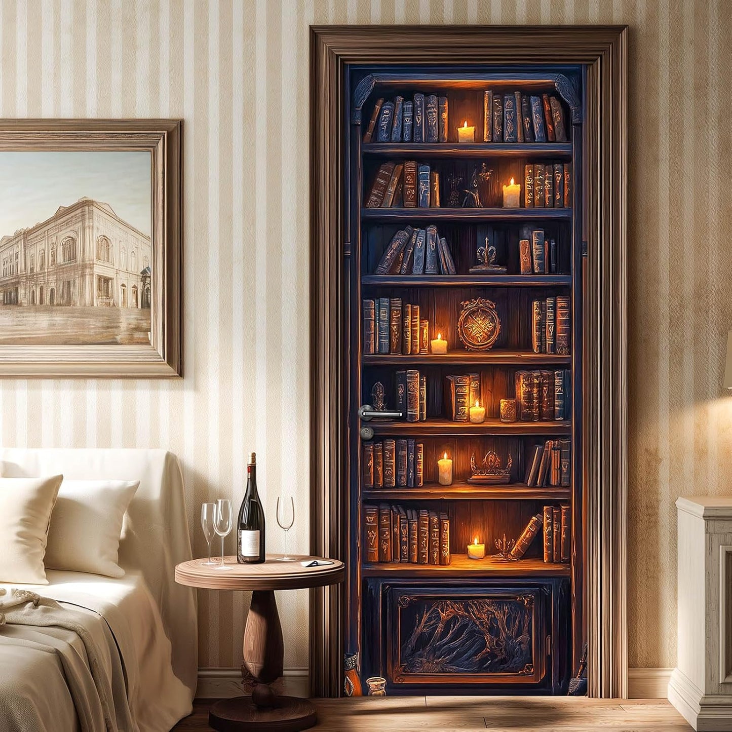 Dark Wood Bookshelf Door Sticker Vintage Library Bookcase Mural Self Adhesive PVC Removable Door Decal for Home Office Bedroom Decoration 30.3 x 78.7 in