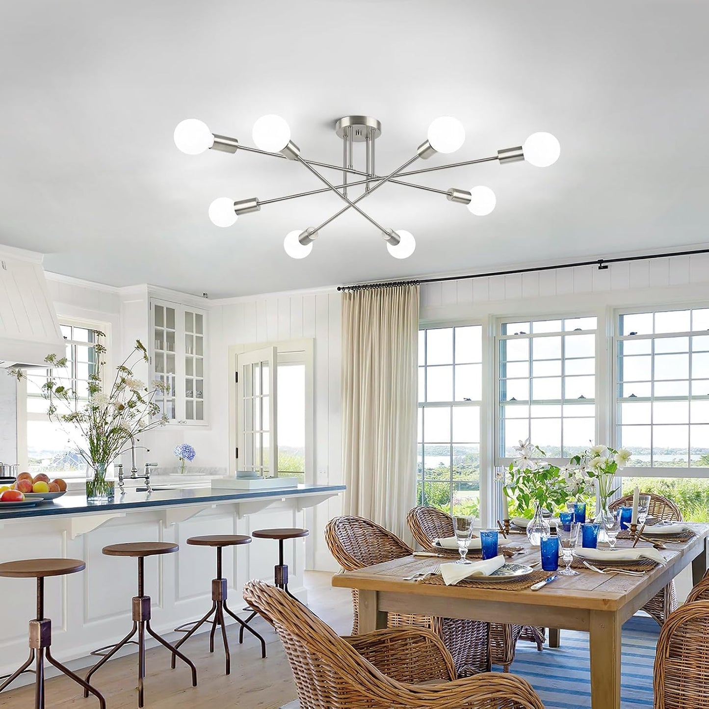 Modern Sputnik Chandelier 8-Light Industrial Ceiling Lights Fixture 32" Brushed Nickel Semi Flush Mount Ceiling Light with E26 Base Sputnik Lights Fixture for Dining Room Bedroom Hallway Living Room