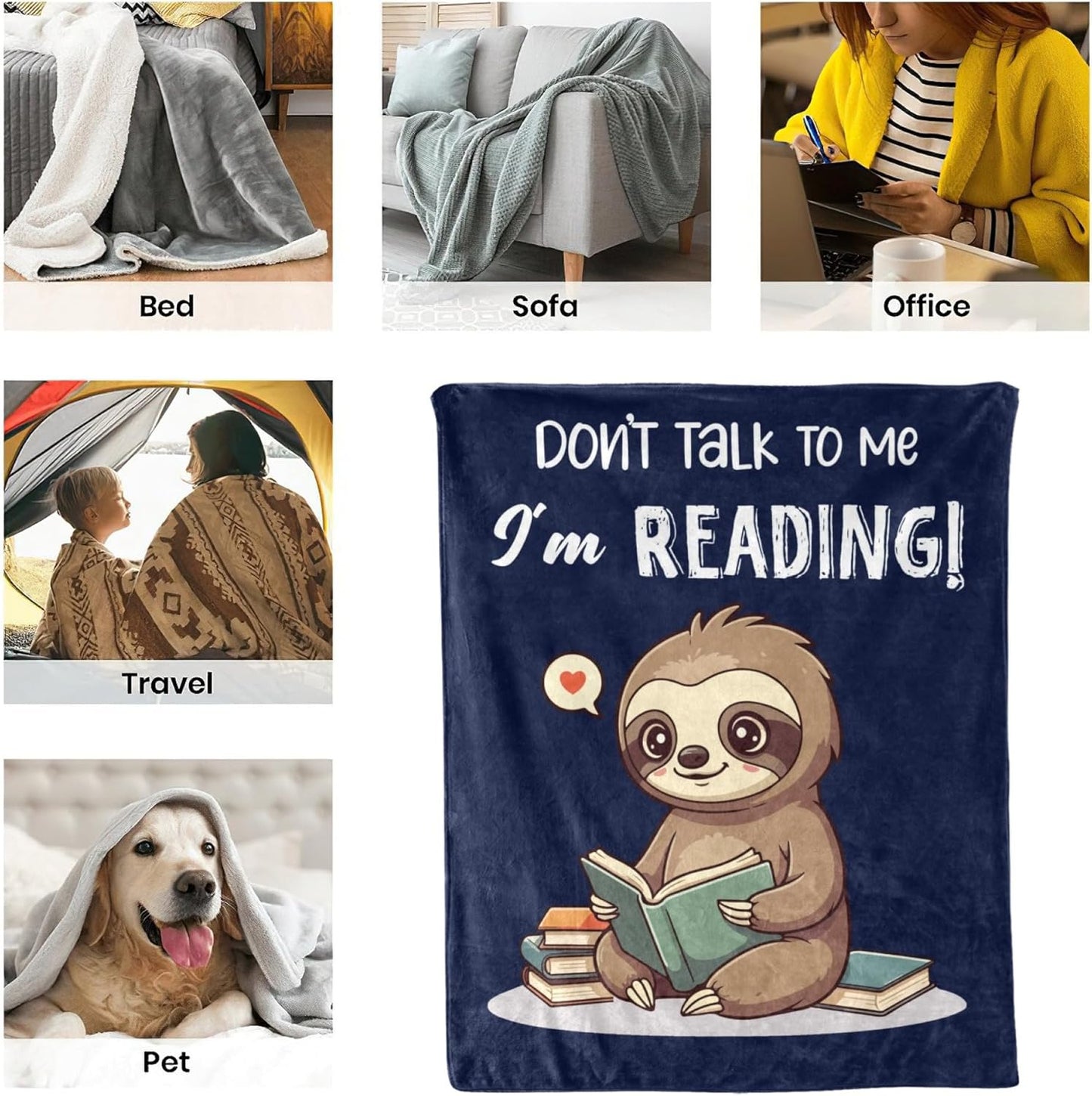 Reading Book Blanket for Women Men, Best Book Lovers Bookish Bookworm Teacher Teenager Gifts on Christmas Birthday Graduation, Funny Flannel Throw Blanket with Sloth Reading for Bed Sofa Decor 60"X50"