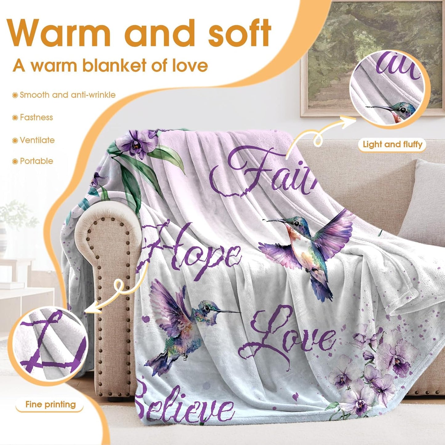 Hummingbird Floral Bird Blanket Purple Flowers Gifts for Women Kids Girls Mom Wife Female Friends Birthday Spring Room Decor Colorful Soft Plush Throw Blankets 50"x60"