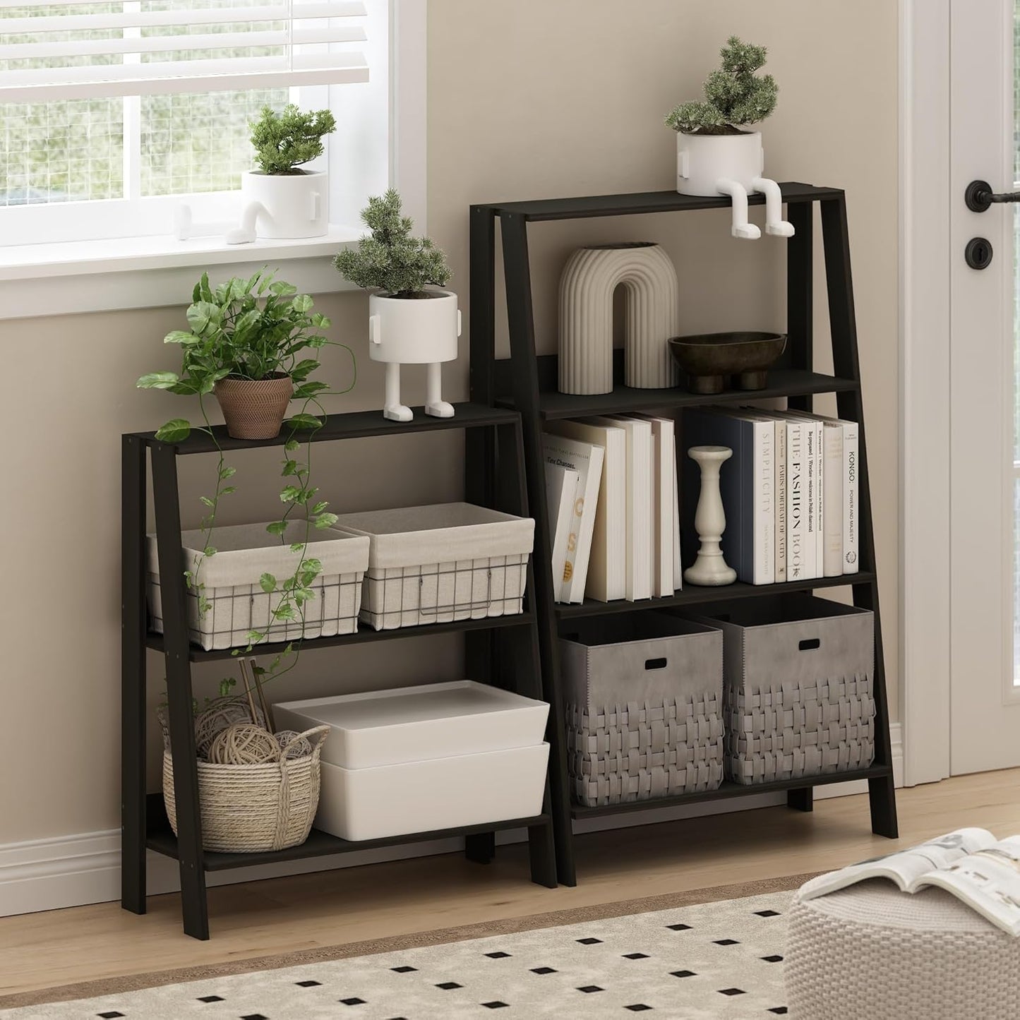 Furinno Ladder Book Shelf, 3-Tier Ladder Shelf, Open Design Bookshelf, Display Storage Bookcase, 9.3" x 23.6" x 27", Living Room, Home Office, Espresso