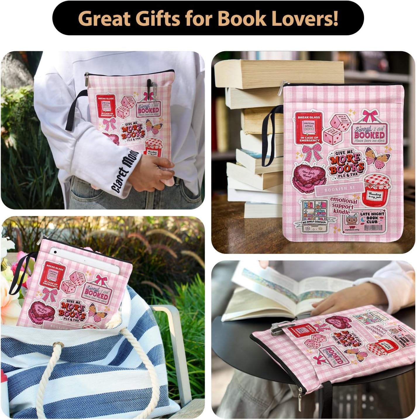Pink Checkered Collage Style Book Covers for Book Lovers with Handle Pocket, Book Club Gifts for Chritsmas, Reading Accessories for Women Friends Reader Bookish