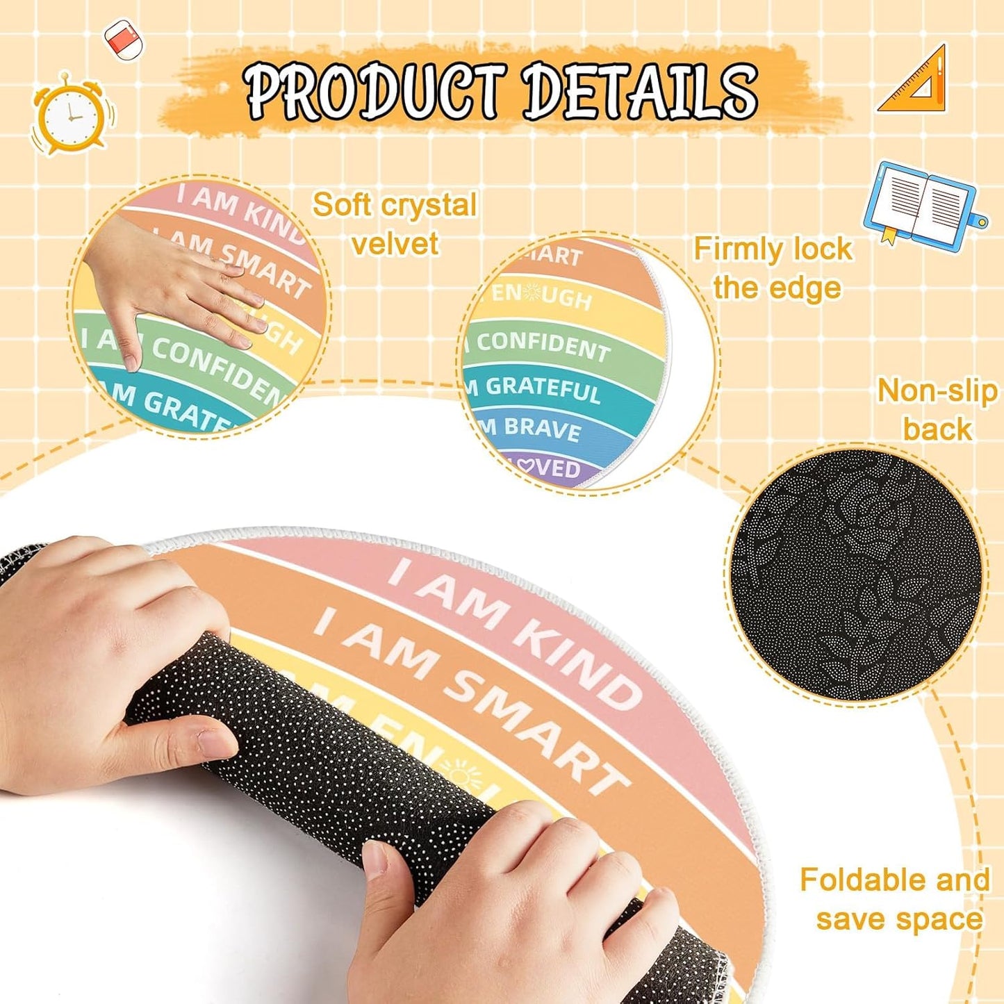 12 Pcs Carpet Circle Seats 15 Inch Positive Affirmations Round Classroom Rug for Non Slip Floor Cushions Mat for Back to School Nursery Learning Calm Down Corner Playing Areas Decor(Rainbow)