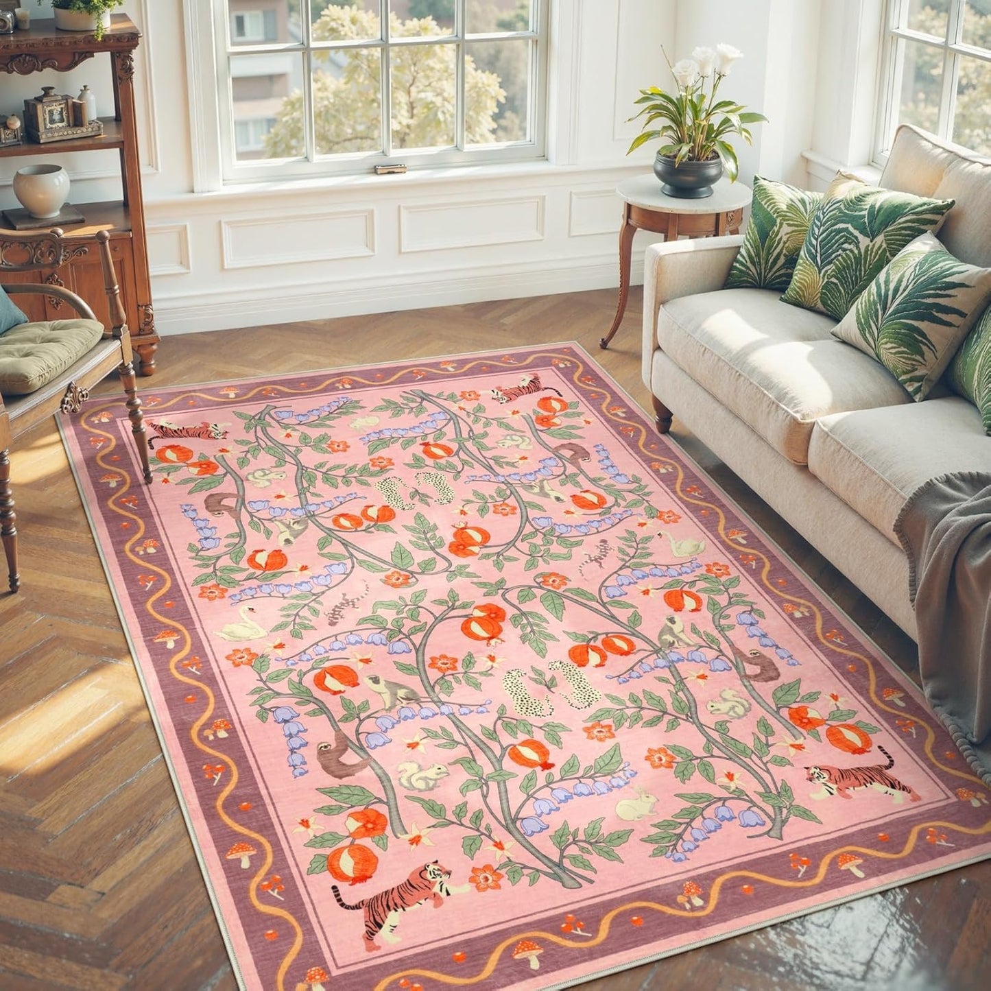 OJIA Animal Print Washable Rugs 5x7 Nursery Rug, Soft Pink Playroom Rug Non-Slip Boho Area Rug, Ultra-Thin Modern Floral Living Room Carpet for Bedroom Kids Room Classroom Office