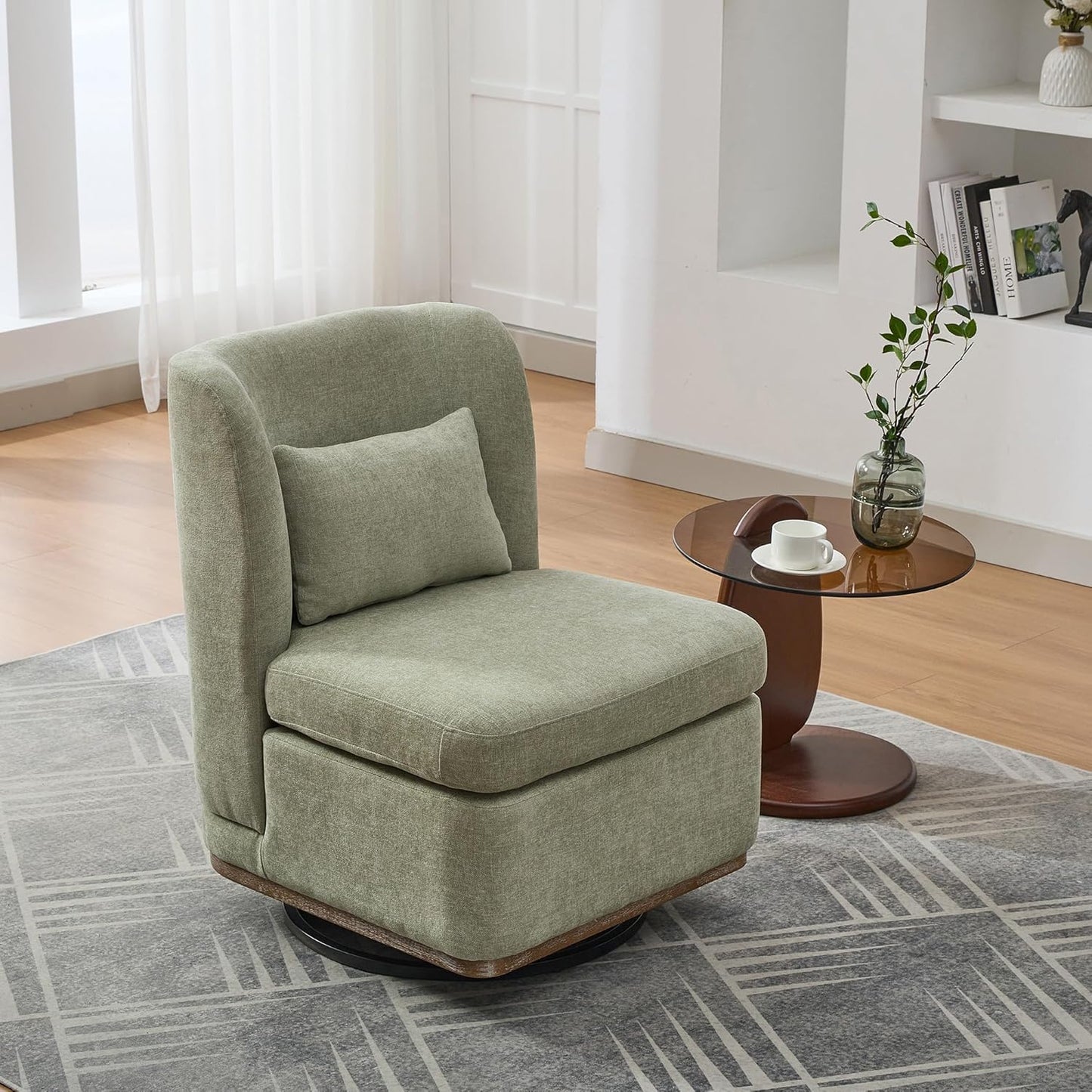 Modern Swivel Accent Chair 25.2 "Wide Chenille Upholstered Armless Sofa Chair with Pillow, 360° Swivel Reading Chair with Metal Base for Living Room Family Room Bedroom Lounge Area, Office, Pale Green