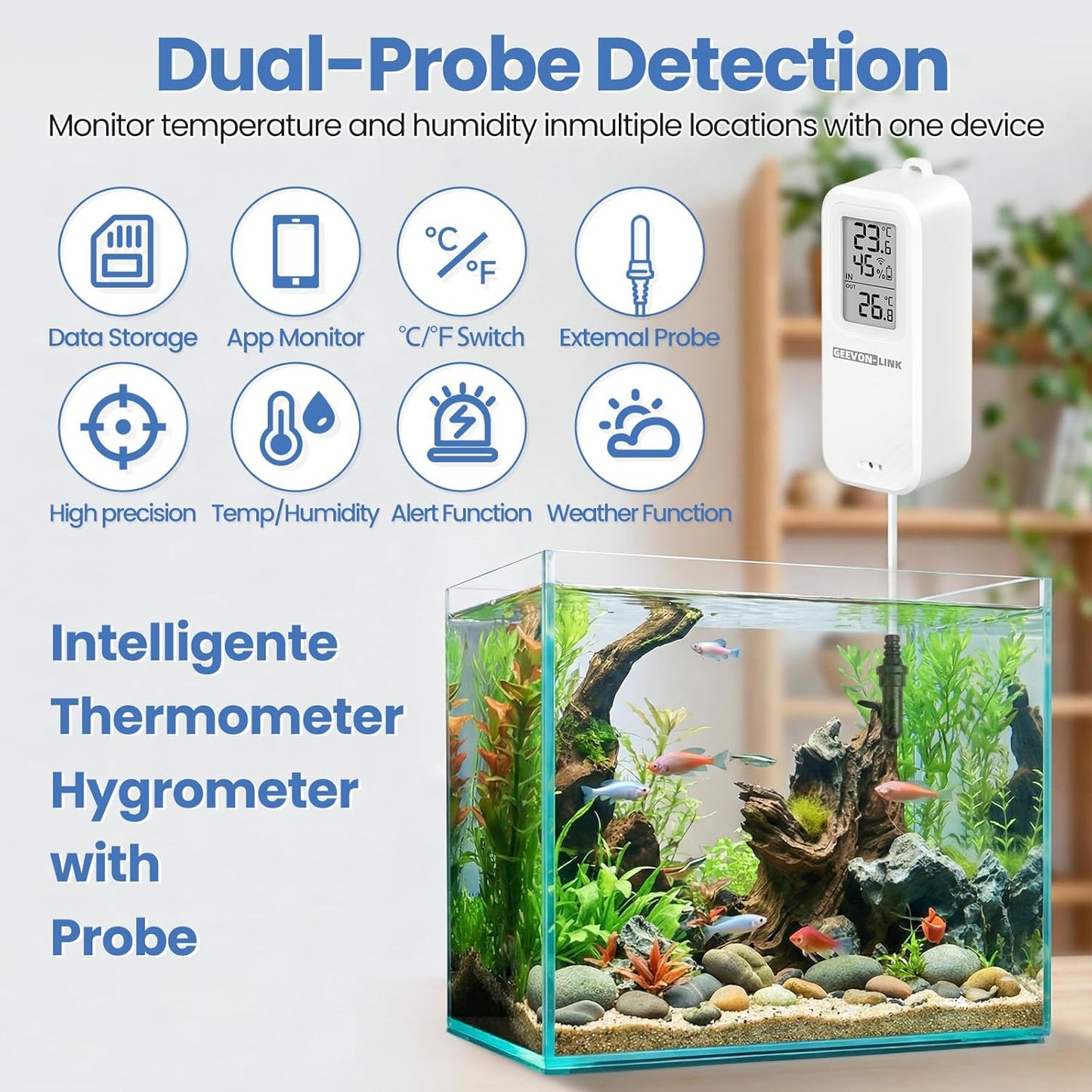 2PC WiFi Refrigerator Thermometer Hygrometer with Alarm, Freezer Temperature with Probe, Wireless Digital Fridge Thermometer Humidity Sensor, Free Data Export for Home Kitchen Fridge Tub