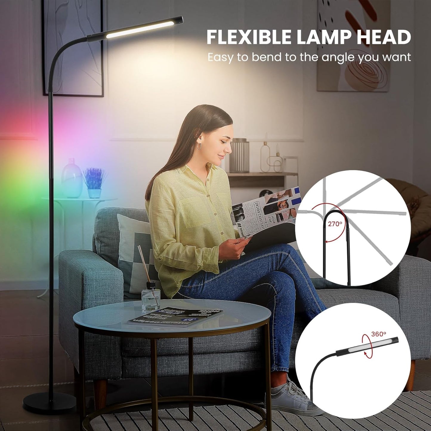 LED Floor Lamp for Living Room, Dimmable Standing Lamp with Remote Control, Stepless Dimming, Adjustable Color Temperature 3000K-5700K, with Adjustable Gooseneck, for Sturdy, Work, Reading