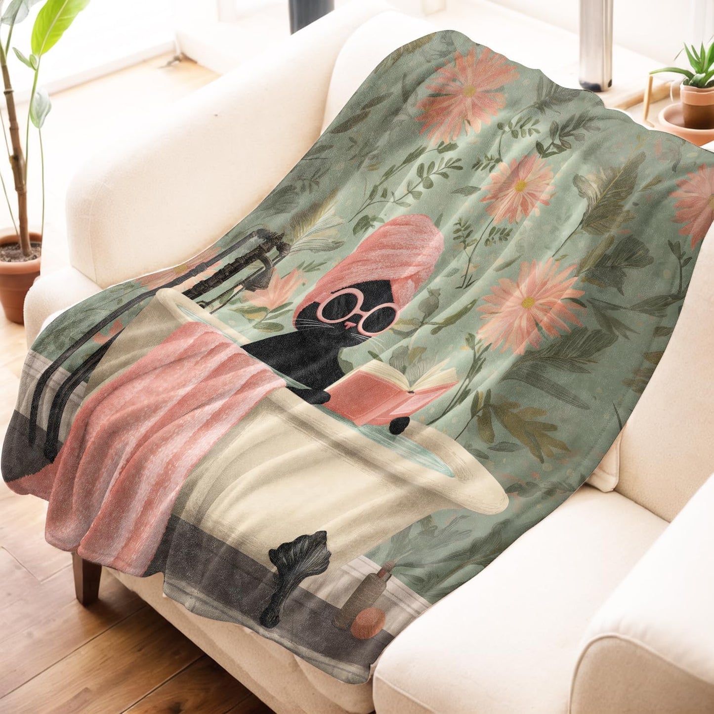 Black Cat Bathtub Blanket, Elegant Floral Flannel Throw Blankets, 50"x60", Soft Warm Lightweight Fuzzy Cozy Throws for Couch Bed Sofa Reading Decorative Gifts for Pet Lover Women Girls