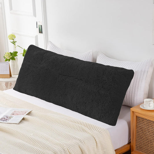Body Pillow Cover with Zipper,Plush Fuzzy Body Pillow Pillowcase, Faux Fur Sherpa Large Pillow Case for Women Pregnant Side Sleeper Bedding Black Pillow Sham