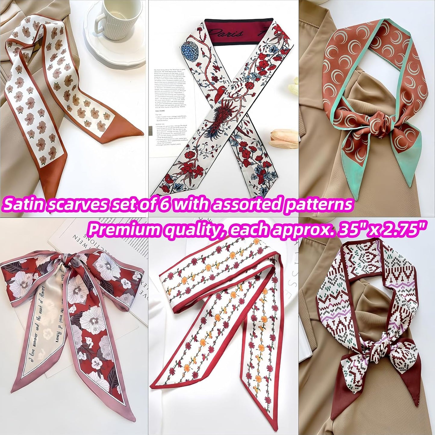 GoldenLife Fashion Scarves for Women, Multifunctional Boho Scarves Headbands Satin Scarf for Bag Hair Accessories (6 Pack)