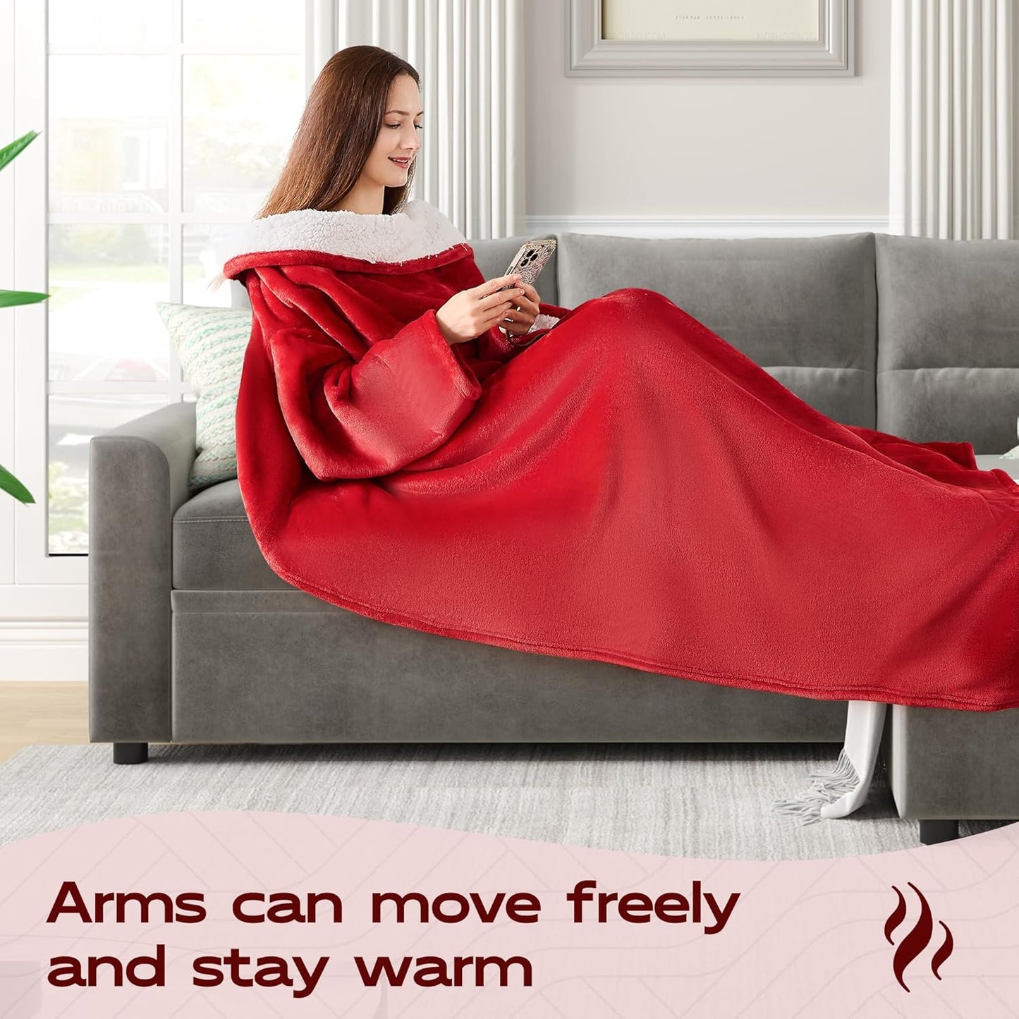 Wearable Blanket with Sleeves, Cozy Wearable Blanket with Arms and Pockets for Women Men, Warm TV Wrap Throw Blanket Robe as Gifts for Mom Wife, Wine